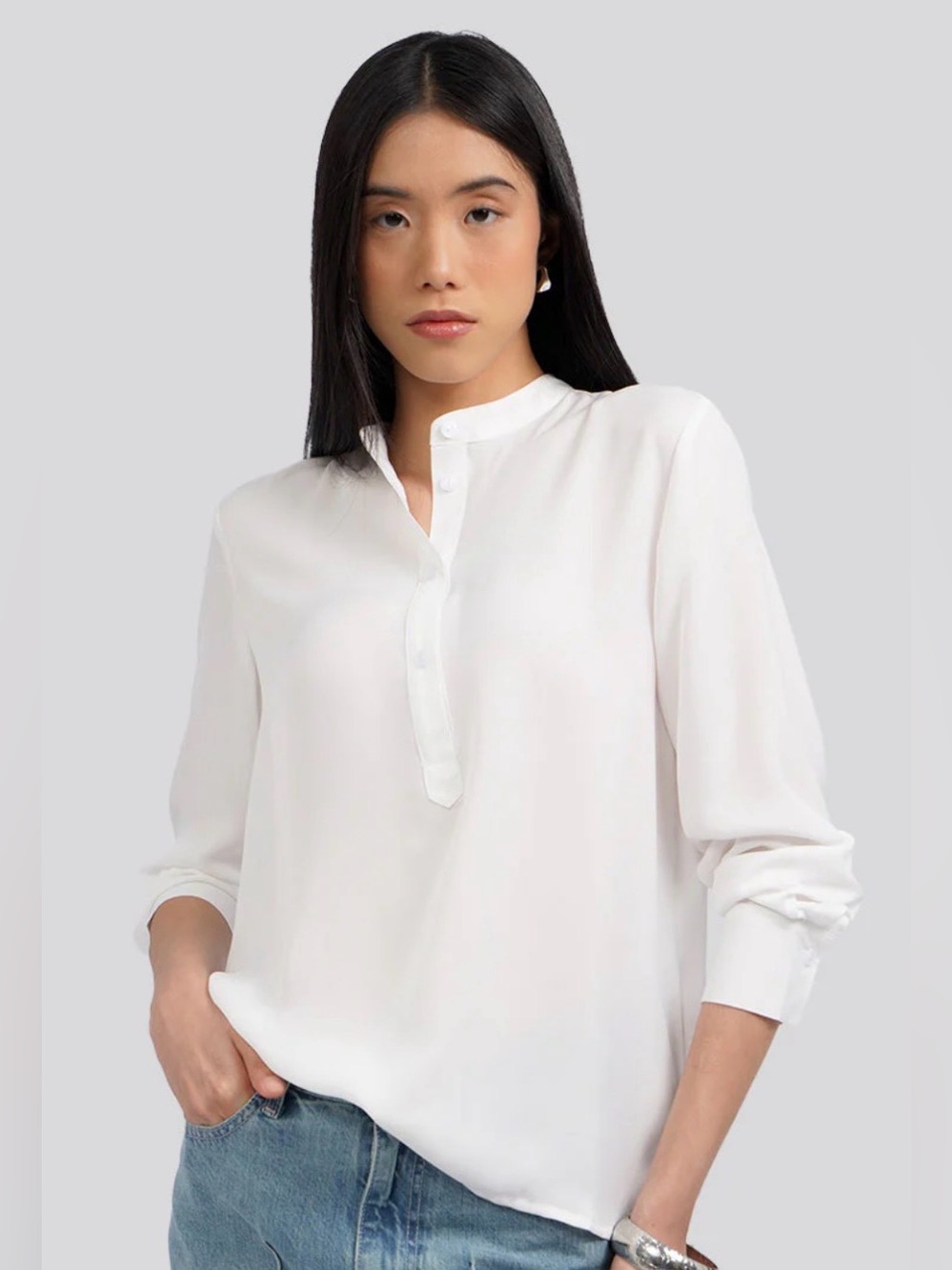 BANANA REPUBLIC White Tencel Lyocell Mandarin-Collar Blouse